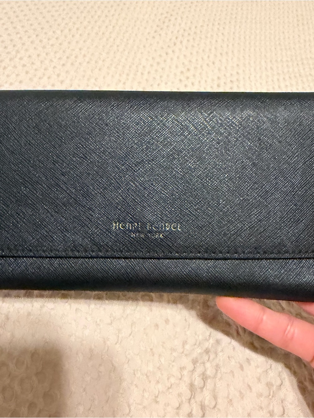 Henri Bendel Black Saffiano Long Wallet with Gold Logo